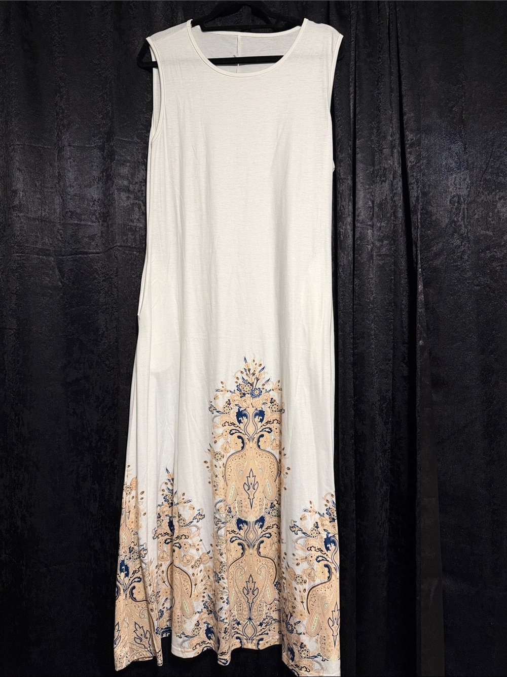 Women's White Sleeveless Maxi Dress with Blue and Tan Paisley Border